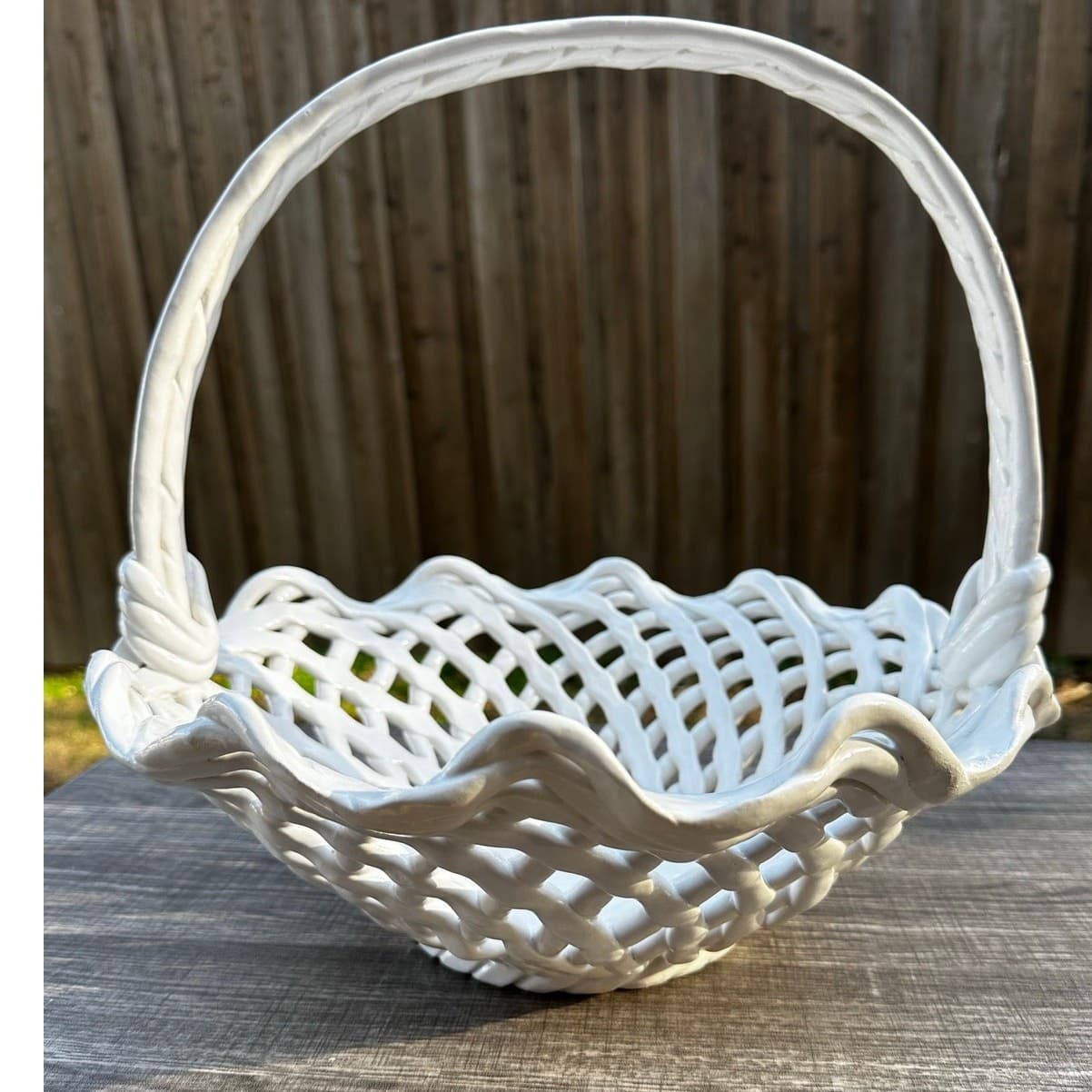 Ceramic Woven White Lattice Ruffle Top Large Handled 13" Centerpiece Basket - Thumbnail 10
