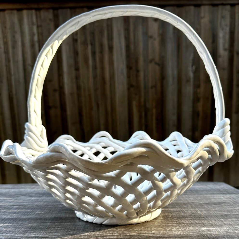 Ceramic Woven White Lattice Ruffle Top Large Handled 13" Centerpiece Basket - Thumbnail 6