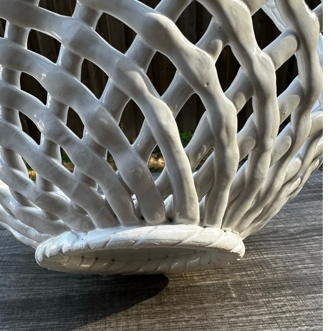 Ceramic Woven White Lattice Ruffle Top Large Handled 13" Centerpiece Basket - Thumbnail 11