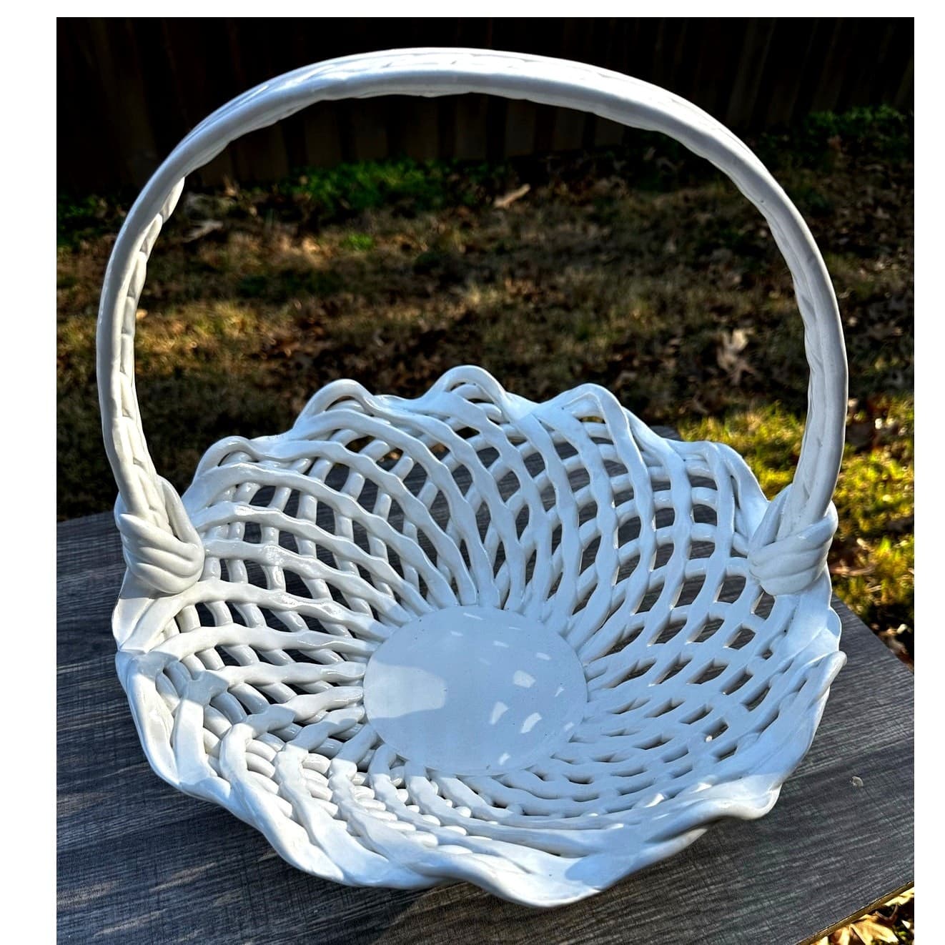 Ceramic Woven White Lattice Ruffle Top Large Handled 13" Centerpiece Basket - Thumbnail 3
