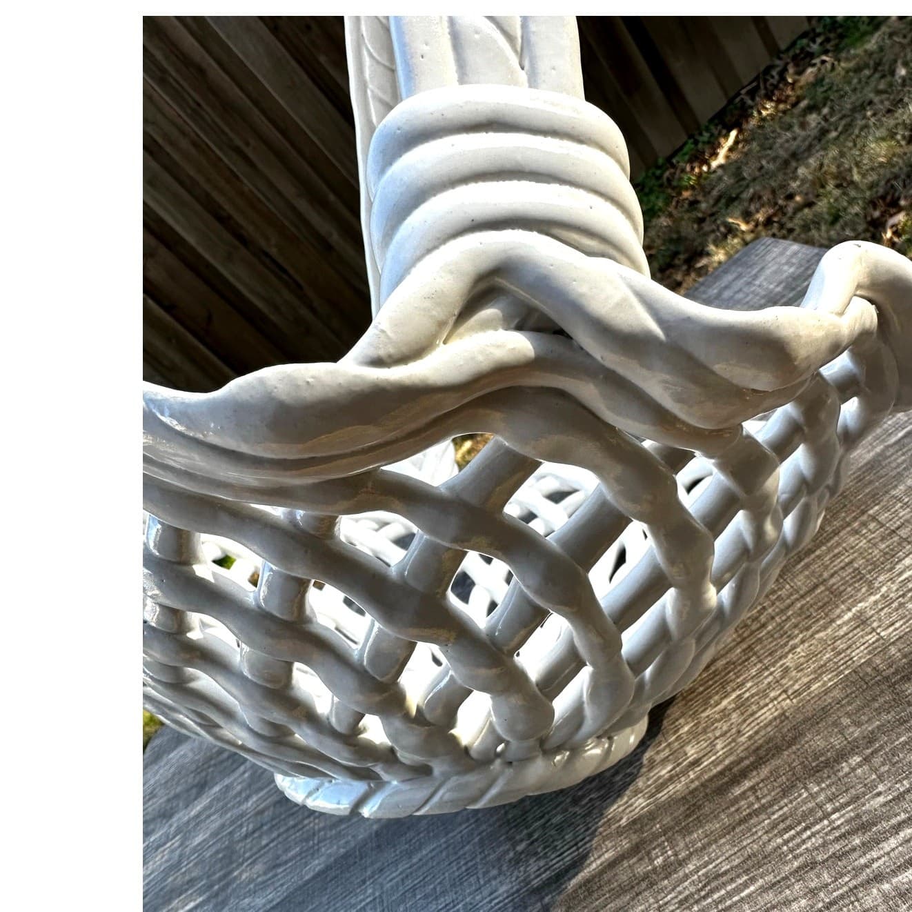 Ceramic Woven White Lattice Ruffle Top Large Handled 13" Centerpiece Basket - Thumbnail 4