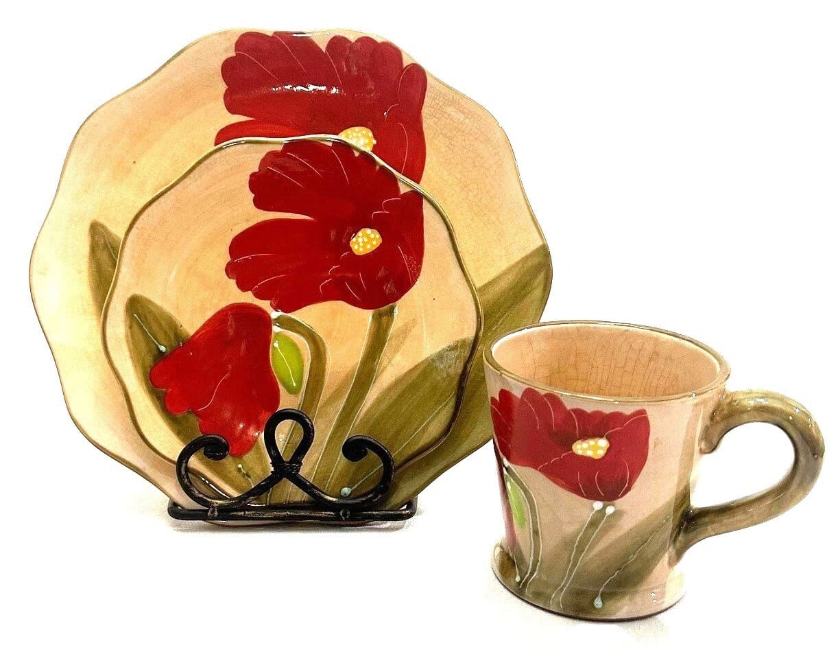 Nanette Vacher Red Renoir by Ambiance Poppy 3-Piece Place Setting-Rare Find!