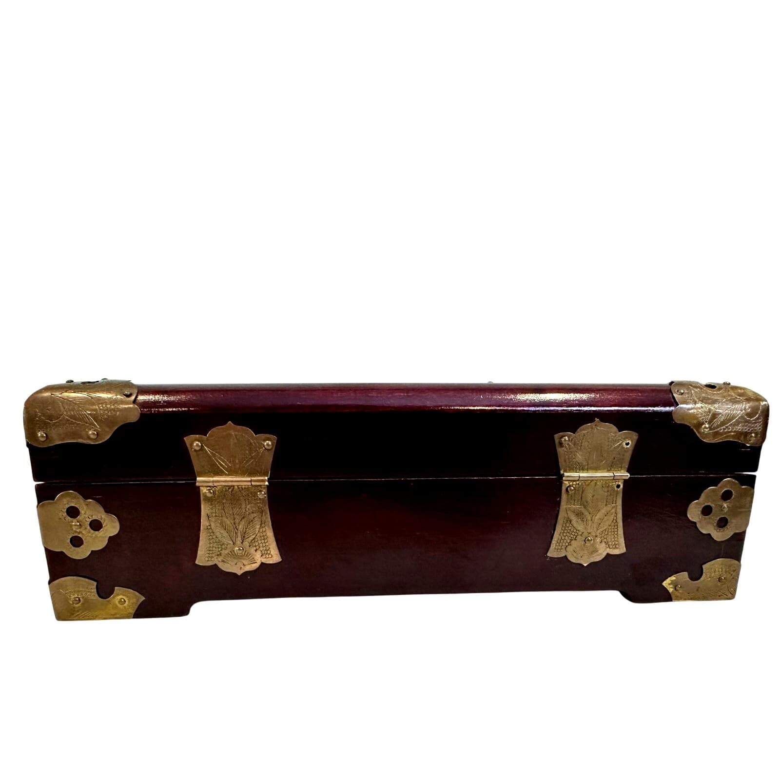 Chinese Vintage Wooden Jewelry Box Jade Inlays Brass Accents Green Silk Lining - Thumbnail 5