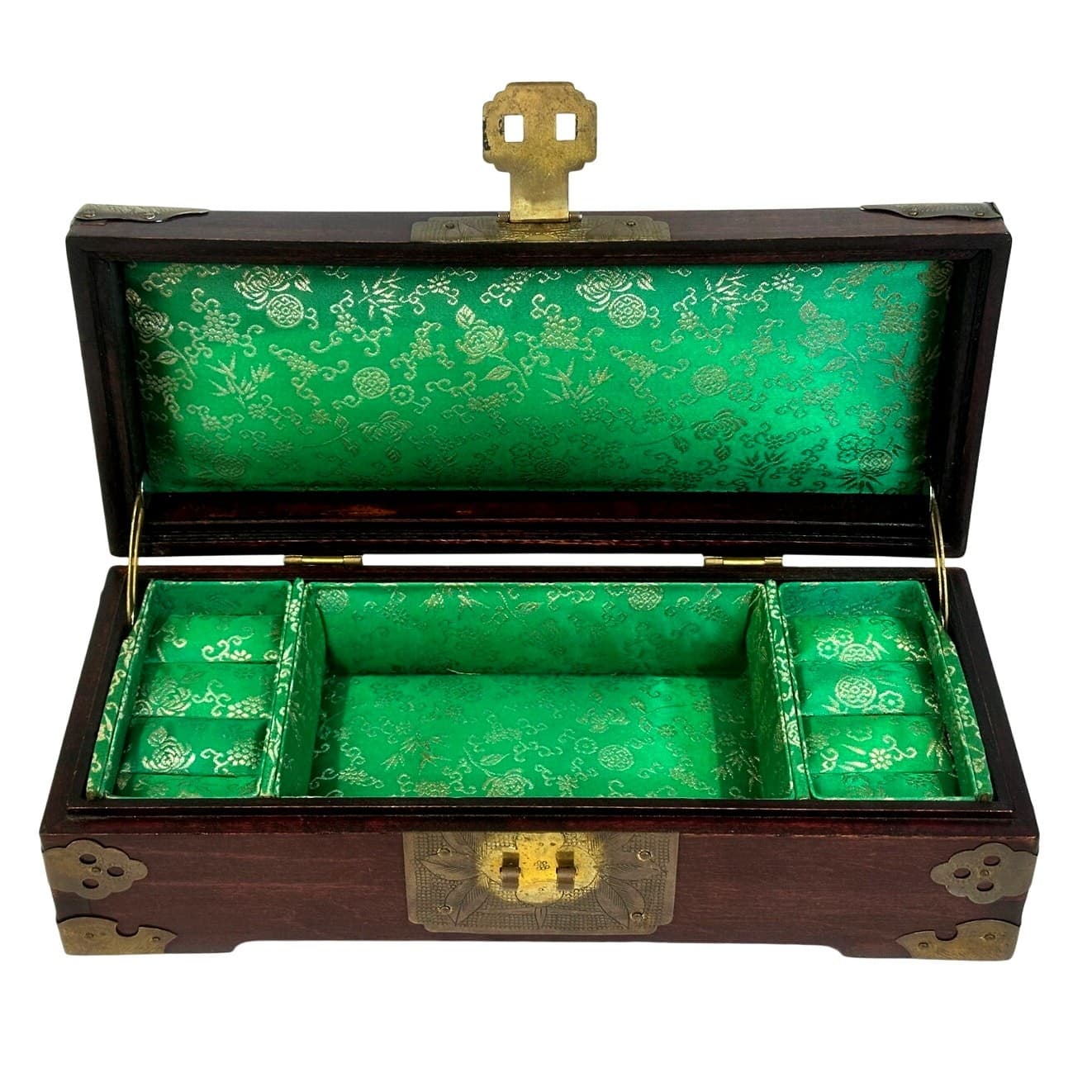 Chinese Vintage Wooden Jewelry Box Jade Inlays Brass Accents Green Silk Lining - Thumbnail 2
