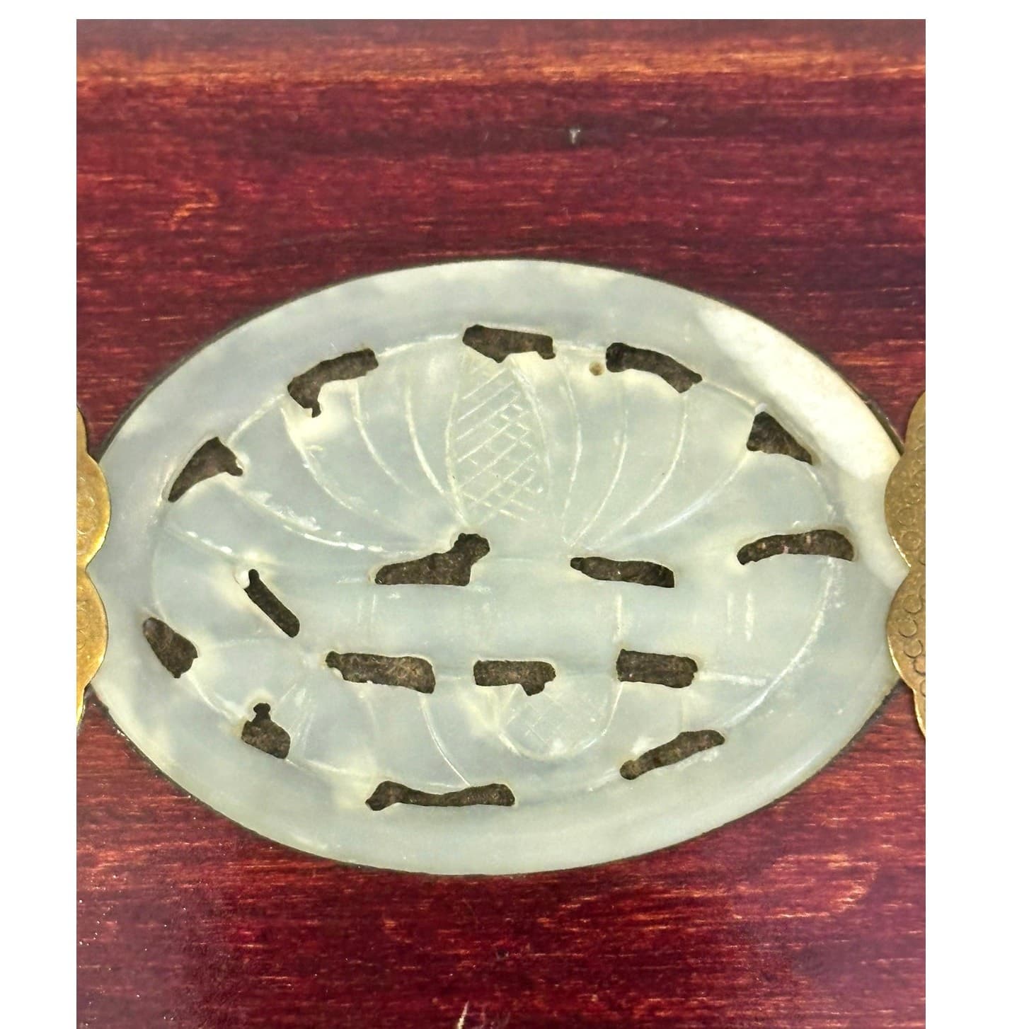 Chinese Vintage Wooden Jewelry Box Jade Inlays Brass Accents Green Silk Lining - Thumbnail 8