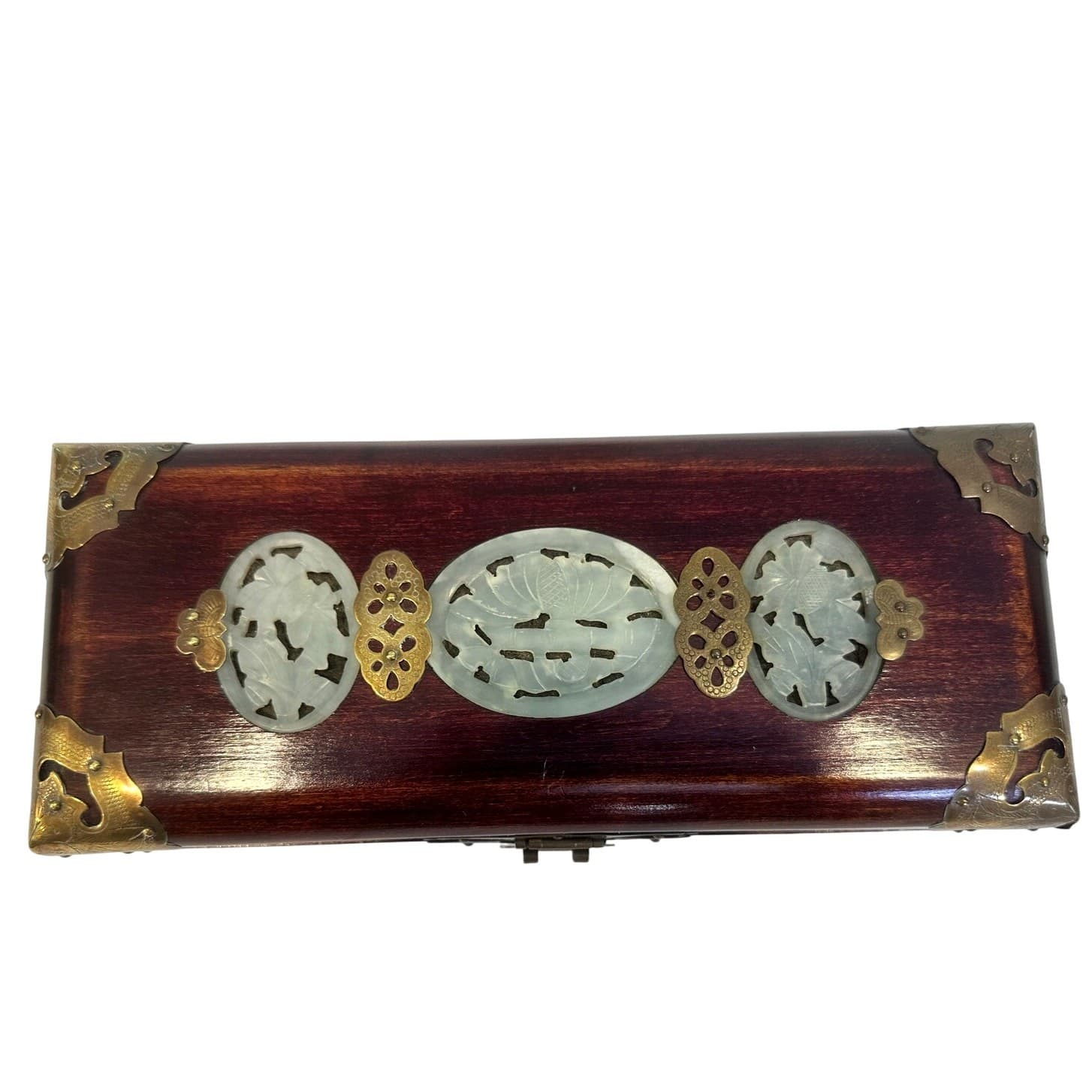 Chinese Vintage Wooden Jewelry Box Jade Inlays Brass Accents Green Silk Lining - Thumbnail 3