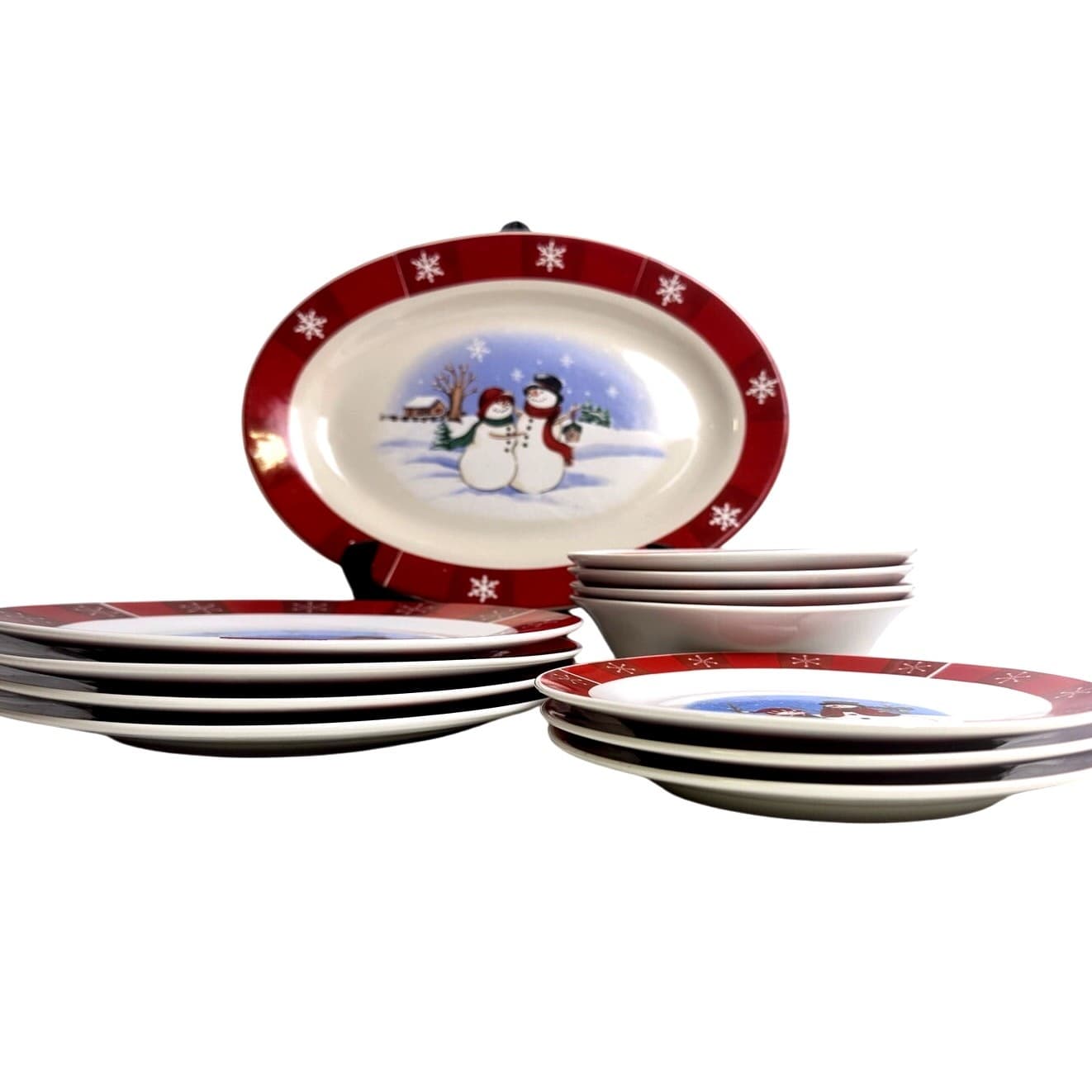 Winter Christmas Snowmen 12-PC Set of Dinner and Salad Plates, Bowls & Platter - Thumbnail 6