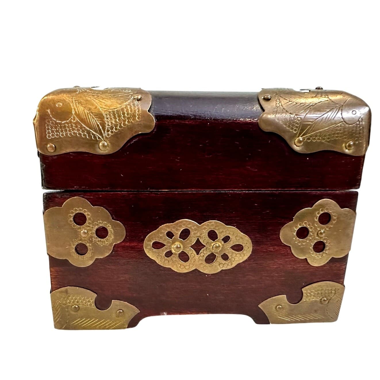 Chinese Vintage Wooden Jewelry Box Jade Inlays Brass Accents Green Silk Lining - Thumbnail 6