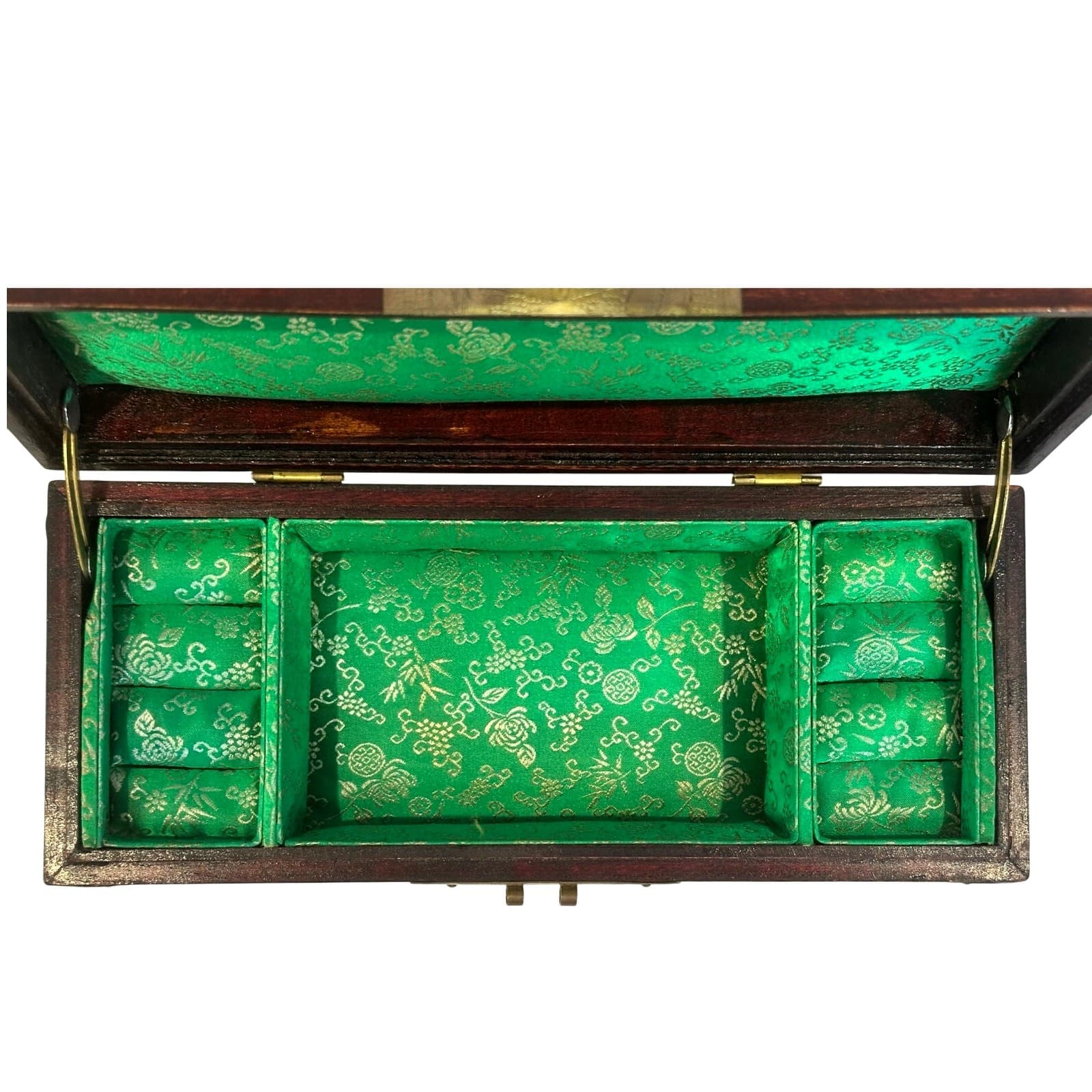 Chinese Vintage Wooden Jewelry Box Jade Inlays Brass Accents Green Silk Lining - Thumbnail 7