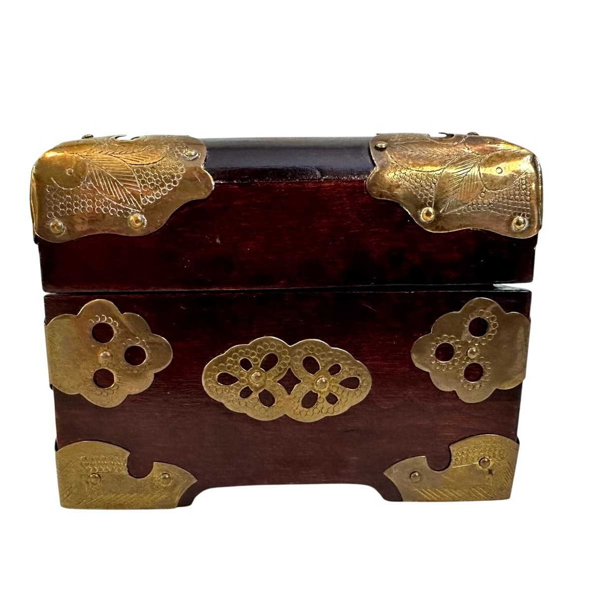 Chinese Vintage Wooden Jewelry Box Jade Inlays Brass Accents Green Silk Lining - Thumbnail 4
