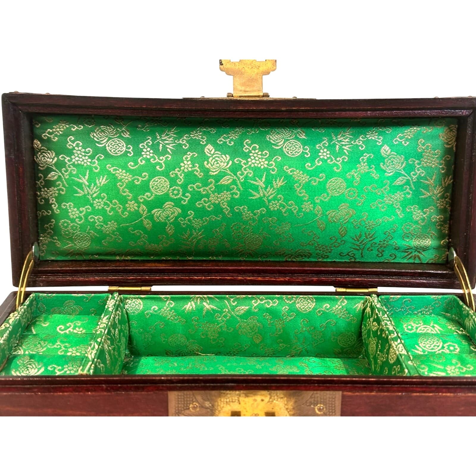 Chinese Vintage Wooden Jewelry Box Jade Inlays Brass Accents Green Silk Lining - Thumbnail 9