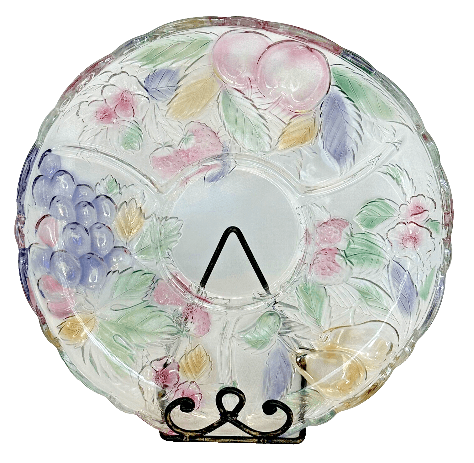 Vintage Savoir Vivre Crystal Wild Orchard Divided Fruit Chip Dip Platter-14"