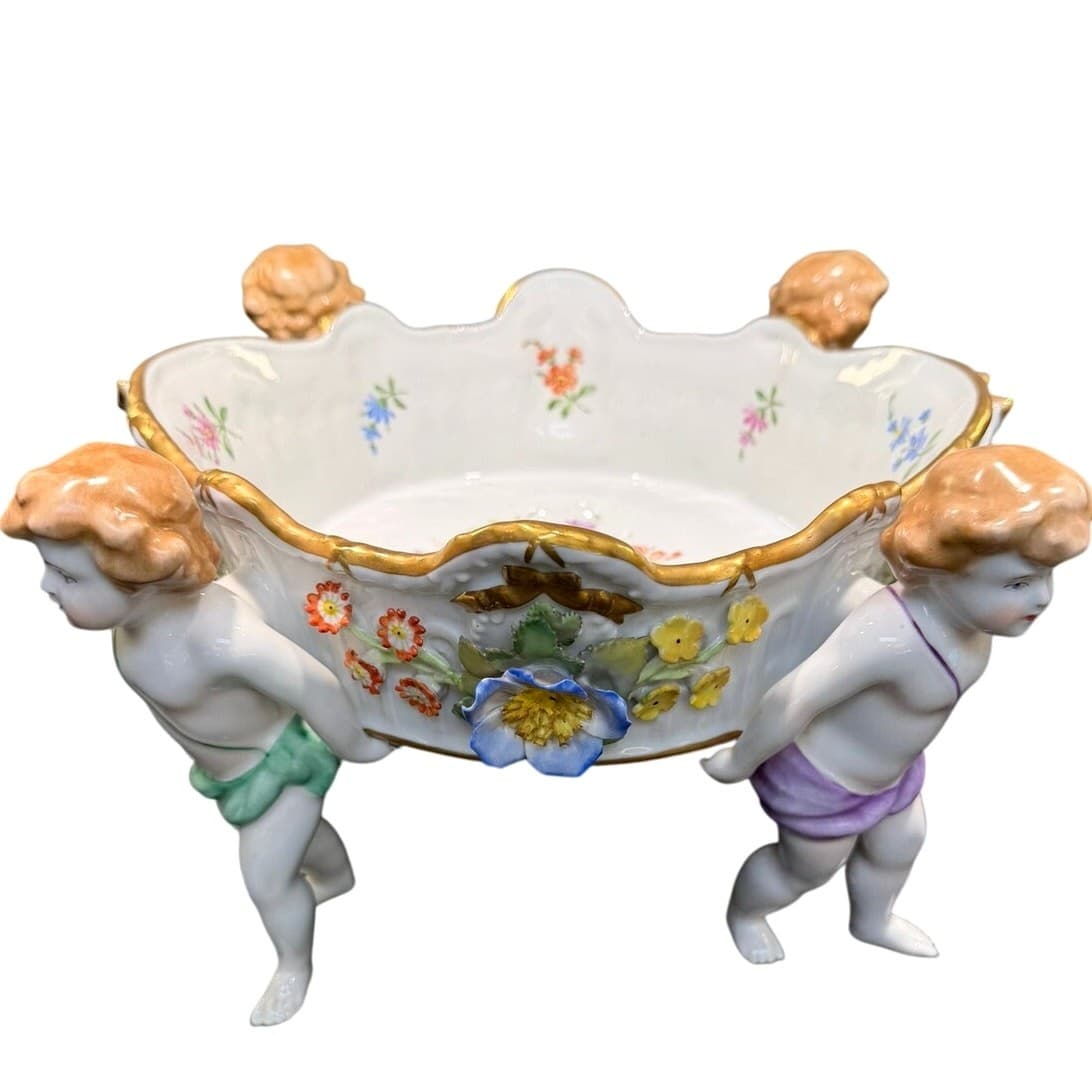 Von Schierholz Germany c. 1930–1945 Porcelain 4 Cherubs Handmalerei Centerpiece - Thumbnail 2