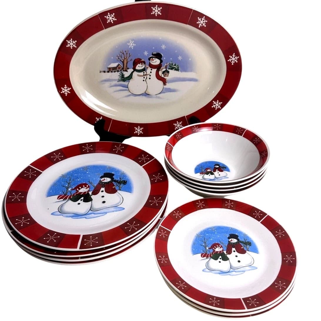 Winter Christmas Snowmen 12-PC Set of Dinner and Salad Plates, Bowls & Platter