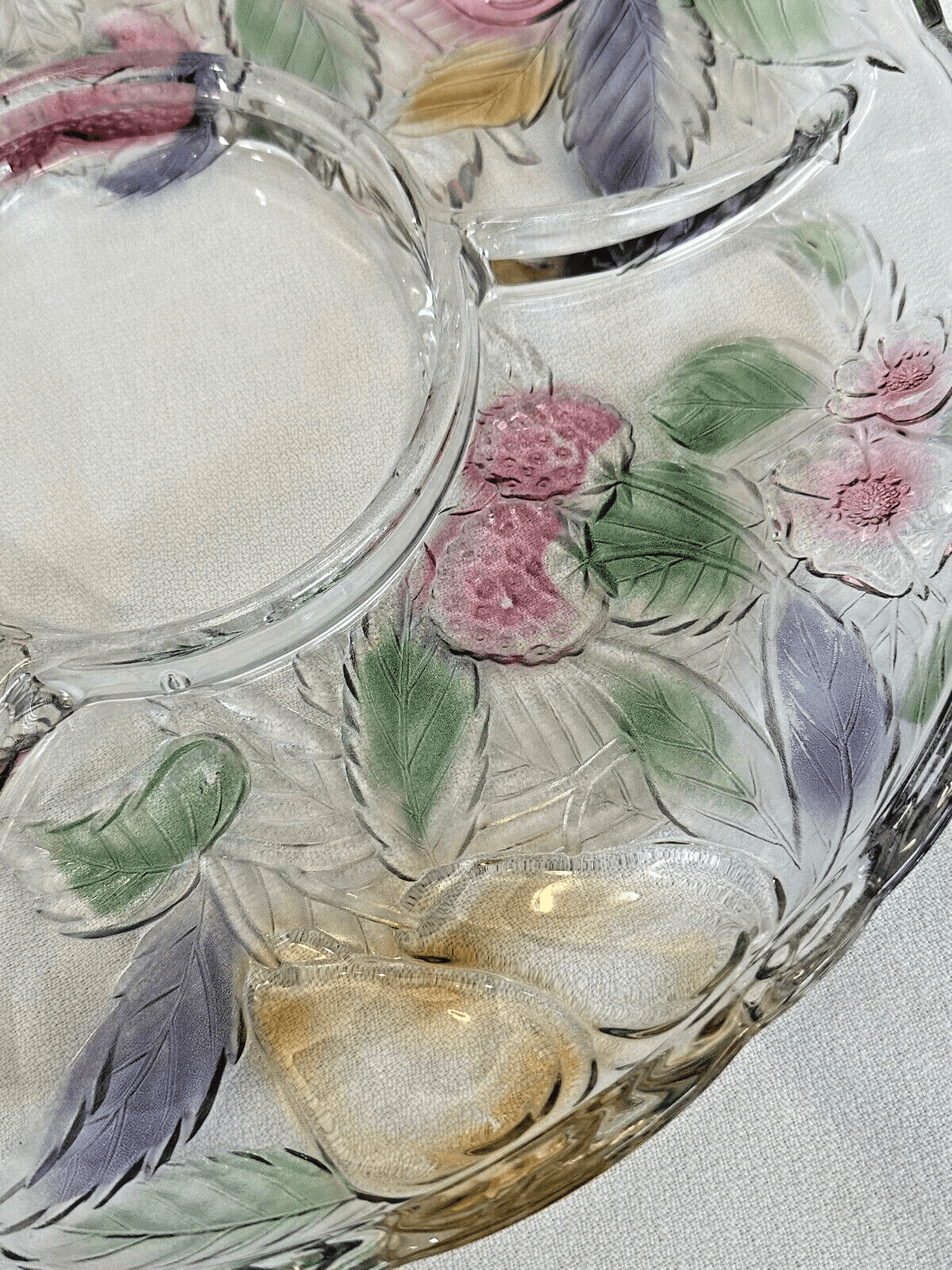 Vintage Savoir Vivre Crystal Wild Orchard Divided Fruit Chip Dip Platter-14" - Thumbnail 4