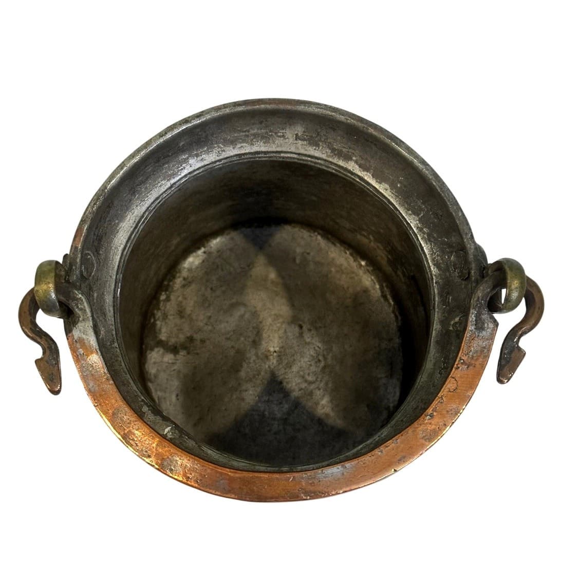 Antique Hammered French European Tin Lined Primitive Copper Jam Pot Brass Handle - Thumbnail 2