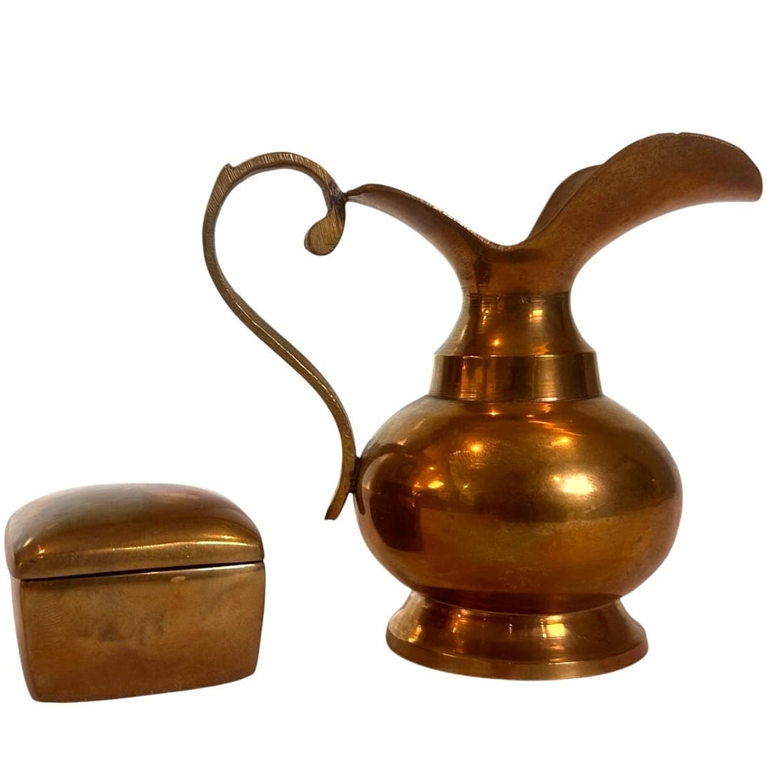 Miniature Brass Collectibles 4.5" Jug/Pitcher and 1.5" Square Trinket Box /Lid - Thumbnail 2