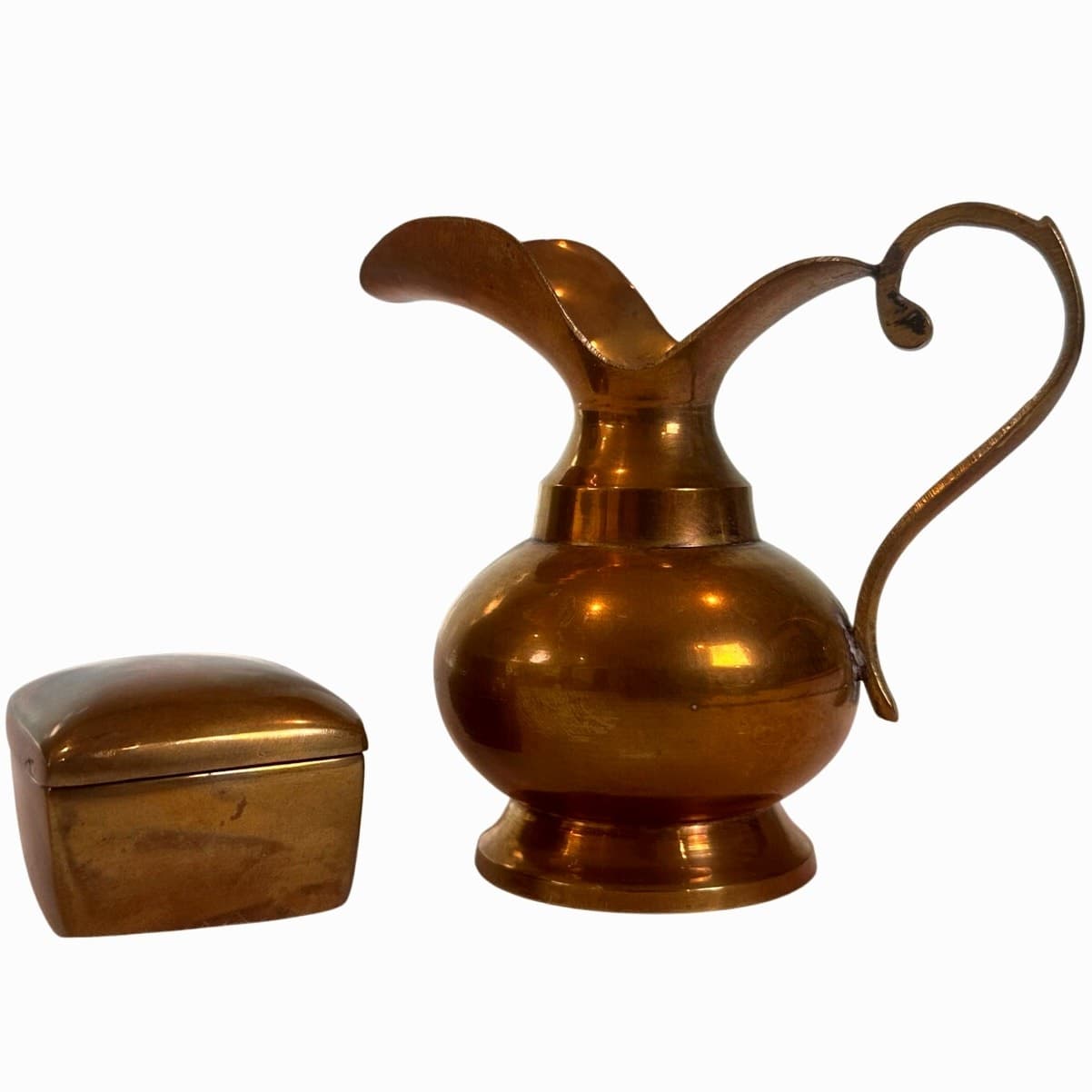 Miniature Brass Collectibles 4.5" Jug/Pitcher and 1.5" Square Trinket Box /Lid