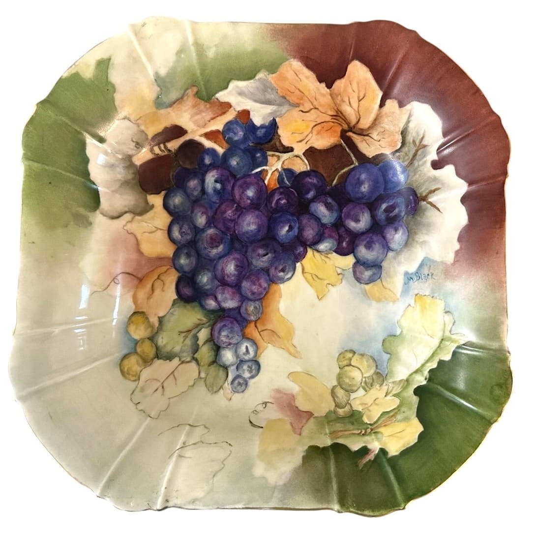 Rare 'Pfeiffer und Lowenstein' Antique Square Porcelain Bowl Signed Grape Design