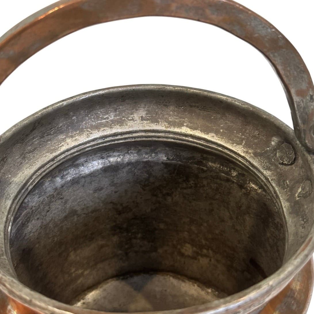 Antique Hammered French European Tin Lined Primitive Copper Jam Pot Brass Handle - Thumbnail 4