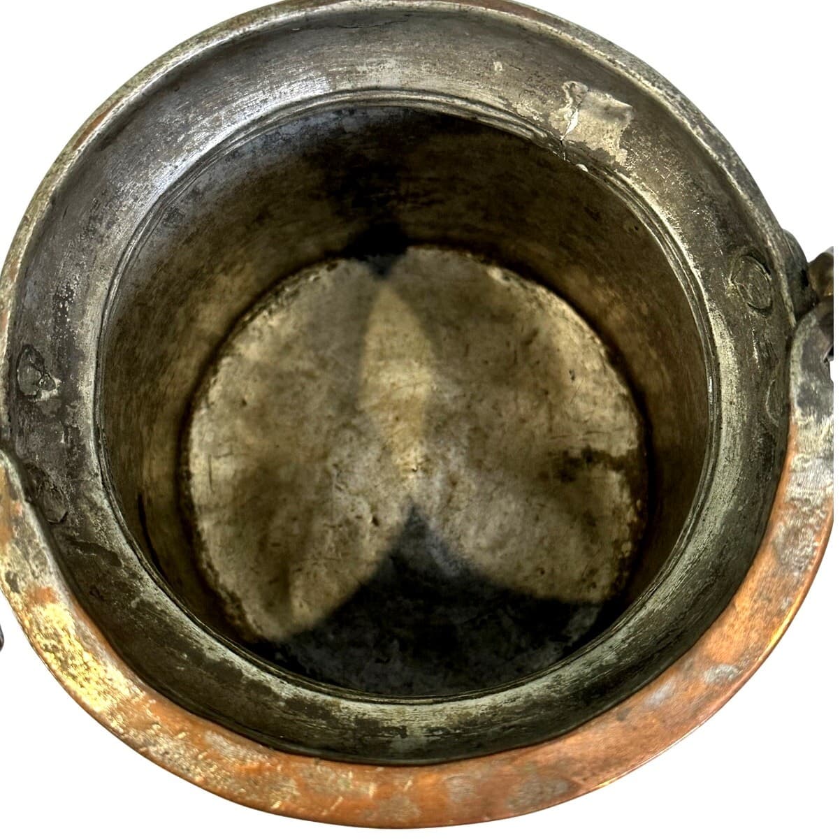 Antique Hammered French European Tin Lined Primitive Copper Jam Pot Brass Handle - Thumbnail 6