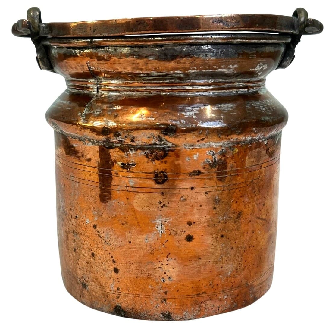 Antique Hammered French European Tin Lined Primitive Copper Jam Pot Brass Handle