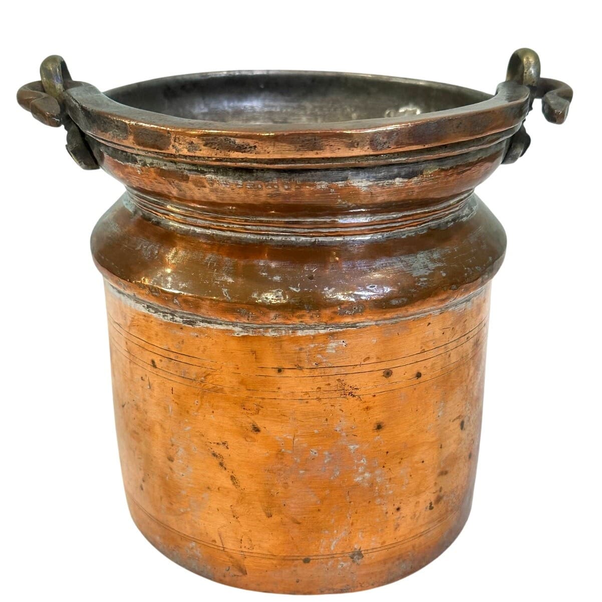 Antique Hammered French European Tin Lined Primitive Copper Jam Pot Brass Handle - Thumbnail 5