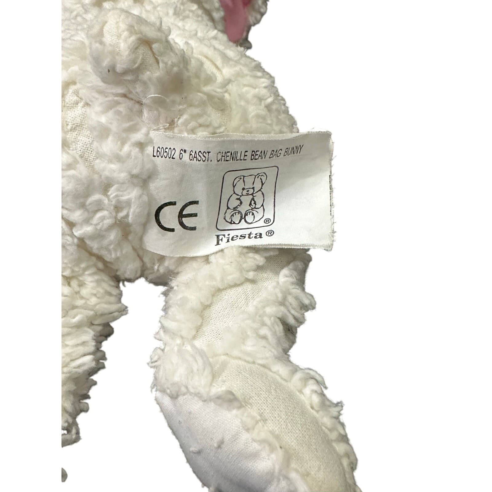 C E Fiesta White Chenille Bean Filled Plush Bunny Rabbit 6” - Thumbnail 3