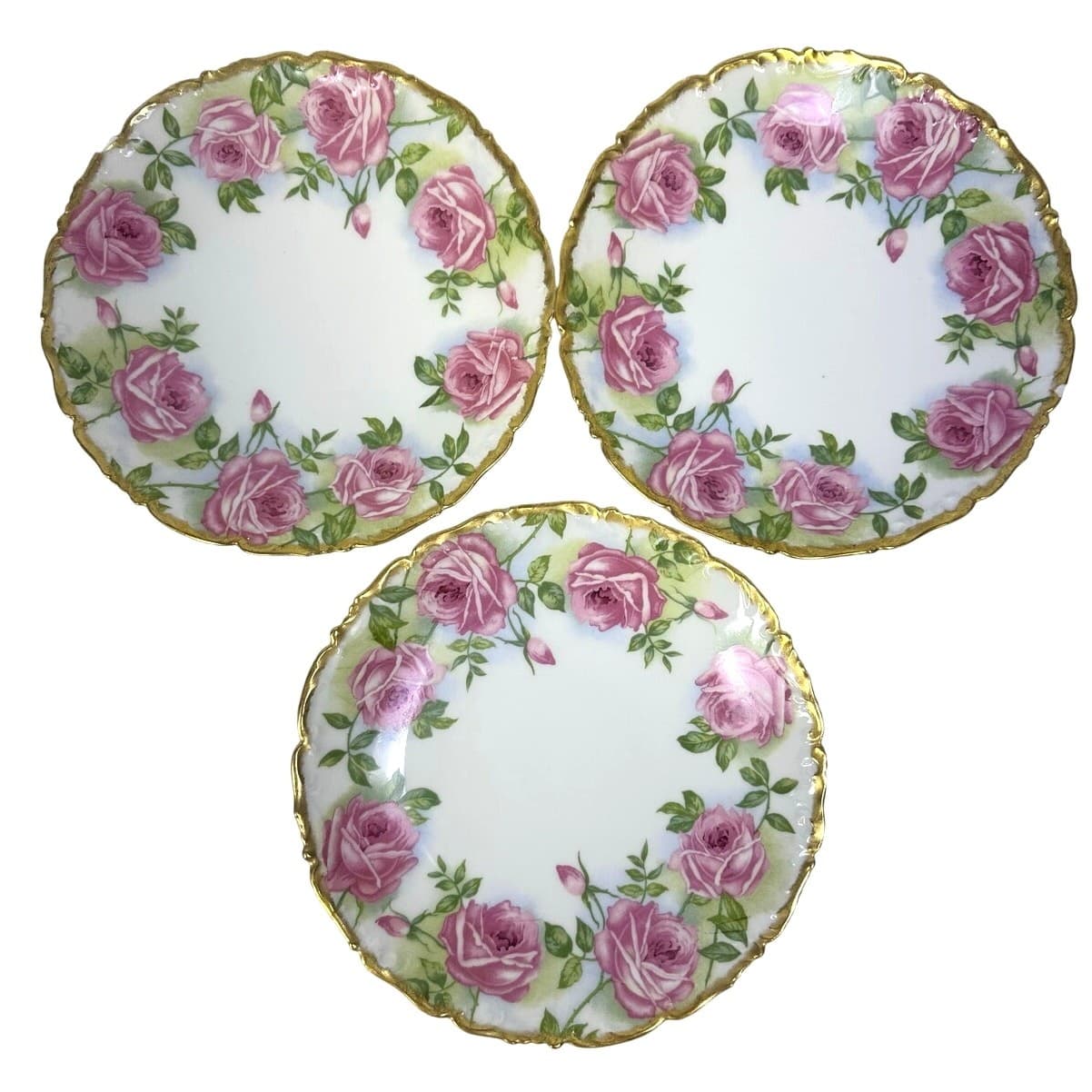 Antique Tressemann Vogt Limoges France 8.25" Pink Roses Gold Scalloped Rim-Set 3