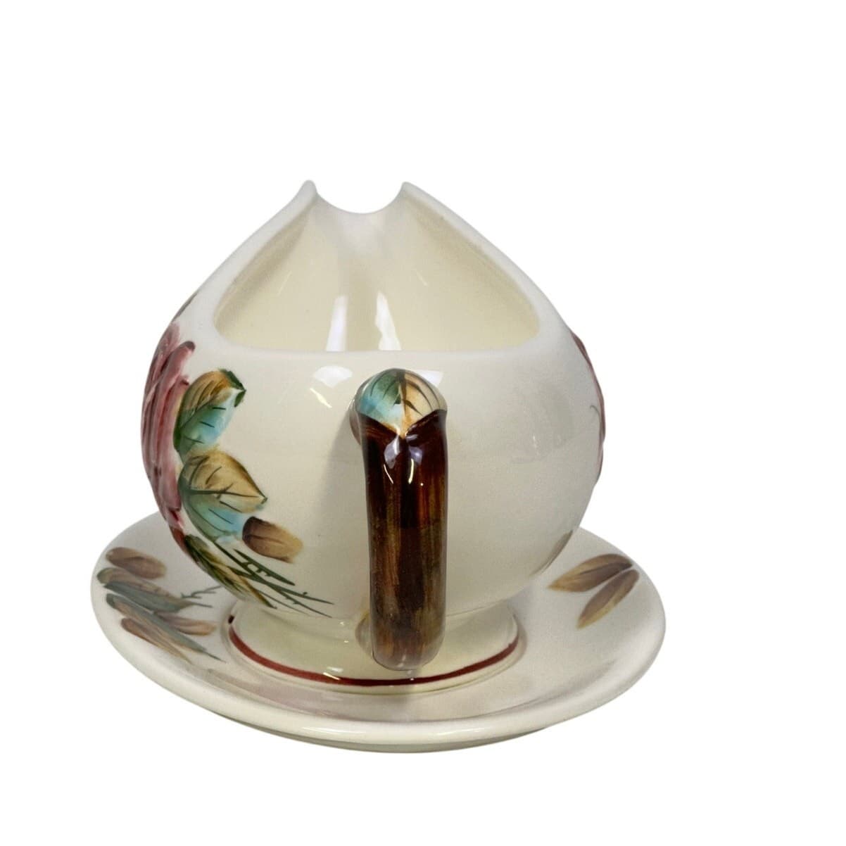 Lefton Americana Rose Pottery Gravy Boat Attached Underplate Japan - Thumbnail 2