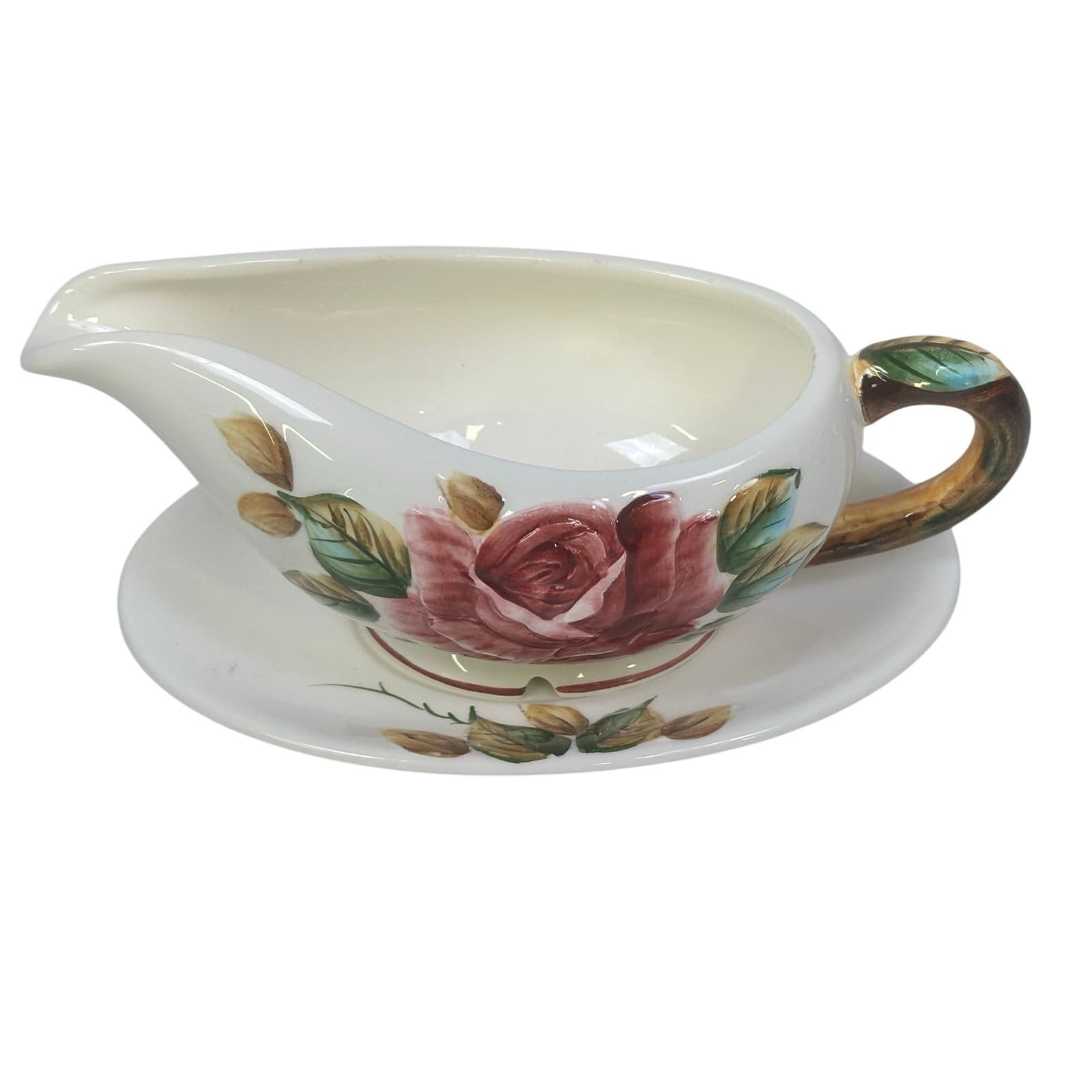 Lefton Americana Rose Pottery Gravy Boat Attached Underplate Japan - Thumbnail 4