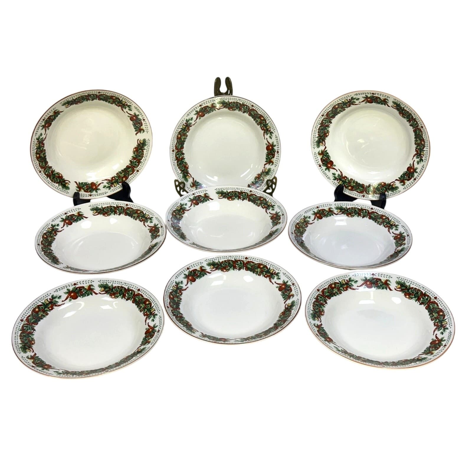 Christmas/Holiday Ribbons and Fruit Leaf Border 8.25" Soup Bowls-Set of 9 - Thumbnail 8
