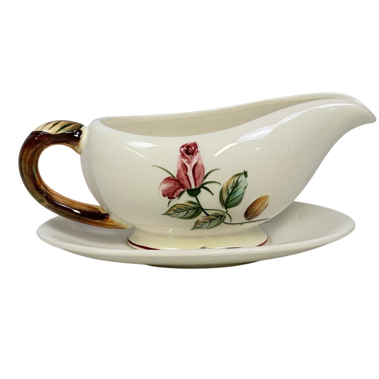Lefton Americana Rose Pottery Gravy Boat Attached Underplate Japan - Thumbnail 3