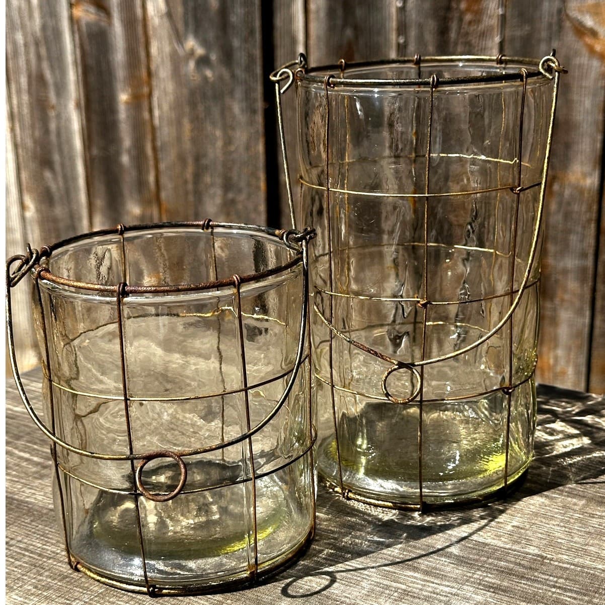 Puffy Glass Brass Wire Caged Outdoor Hanging 8.25" and 5.5" Candle Holders/Vases