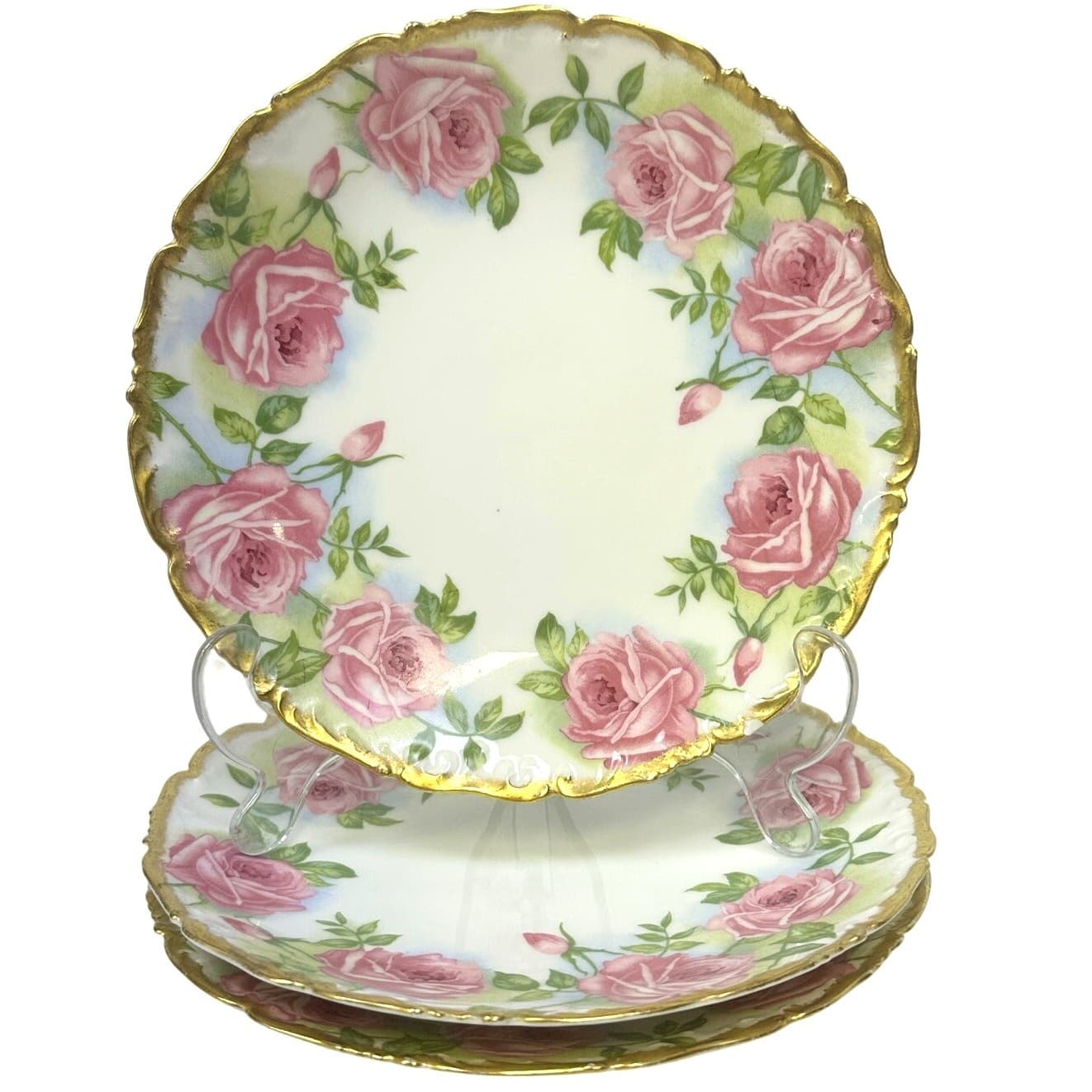 Antique Tressemann Vogt Limoges France 8.25" Pink Roses Gold Scalloped Rim-Set 3 - Thumbnail 2