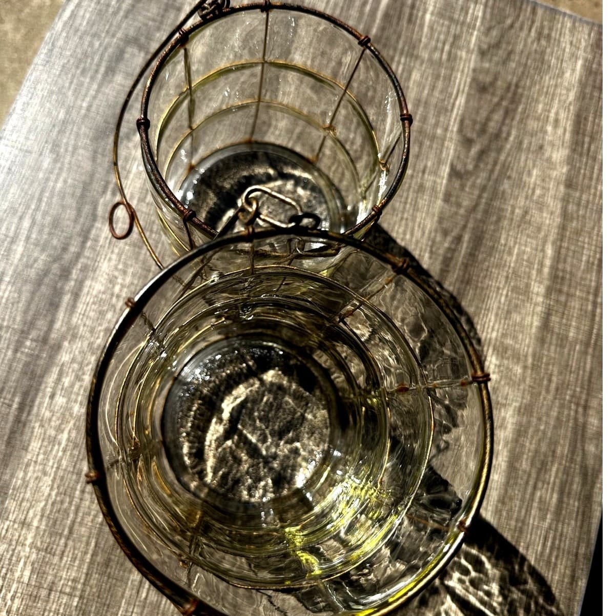Puffy Glass Brass Wire Caged Outdoor Hanging 8.25" and 5.5" Candle Holders/Vases - Thumbnail 8