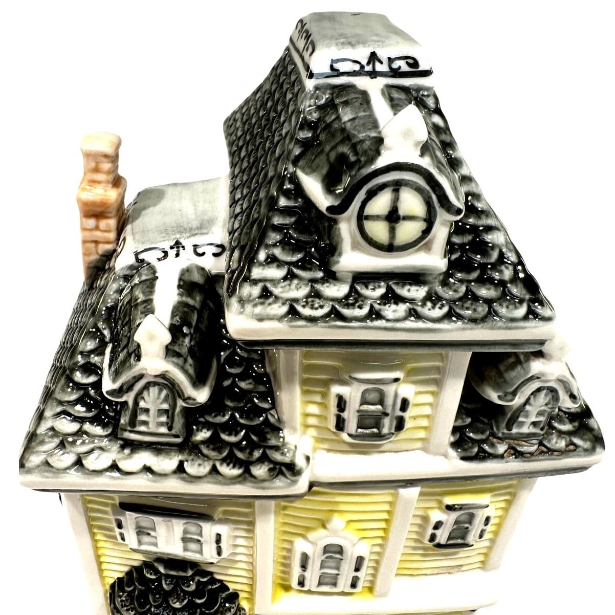 Quaint Collectible Ceramic Glazed Yellow Victorian House Cookie Jar Canister - Thumbnail 3