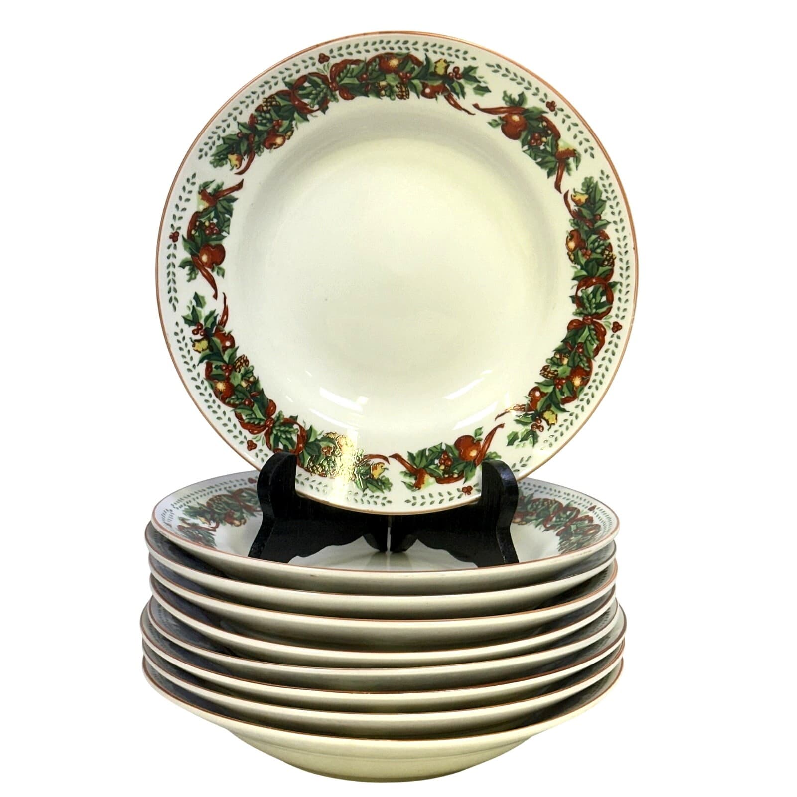 Christmas/Holiday Ribbons and Fruit Leaf Border 8.25" Soup Bowls-Set of 9