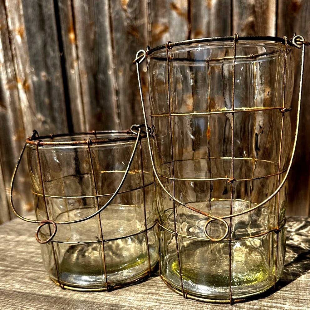 Puffy Glass Brass Wire Caged Outdoor Hanging 8.25" and 5.5" Candle Holders/Vases - Thumbnail 5