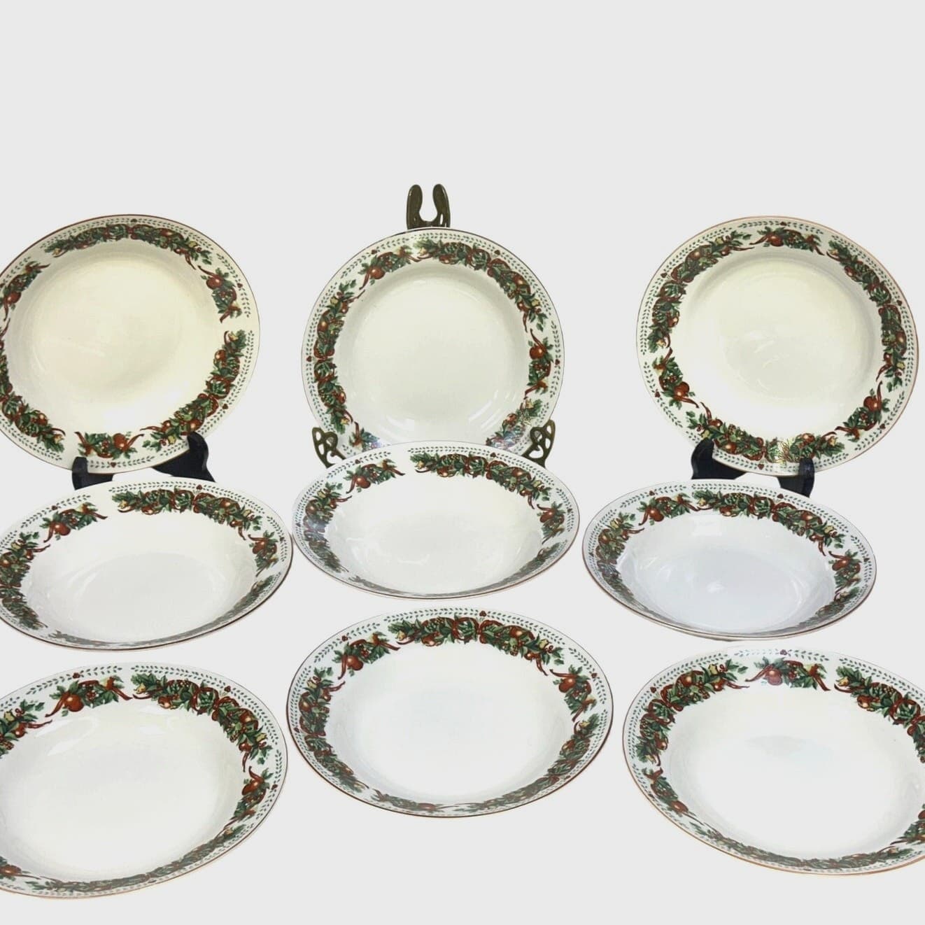 Christmas/Holiday Ribbons and Fruit Leaf Border 8.25" Soup Bowls-Set of 9 - Thumbnail 3