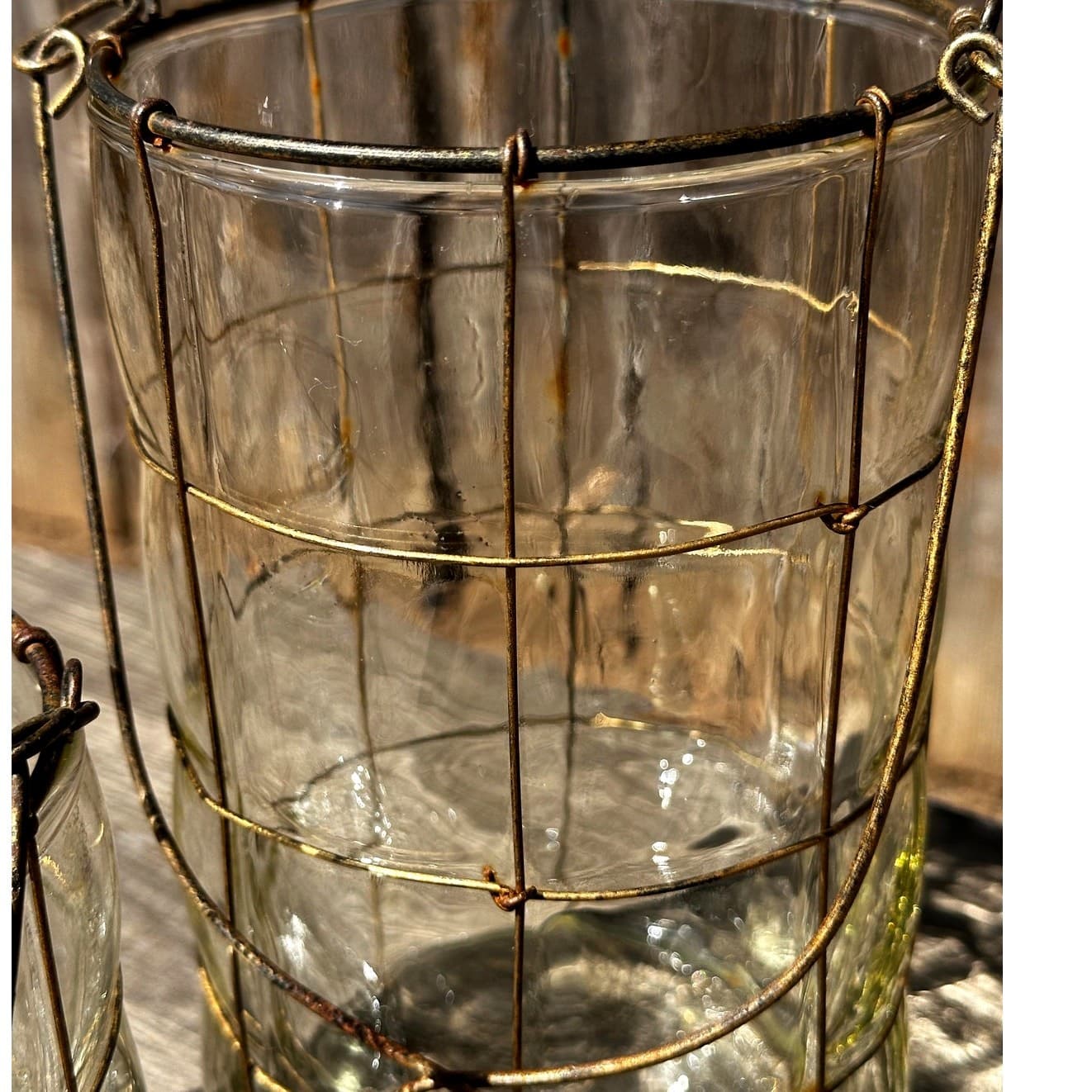 Puffy Glass Brass Wire Caged Outdoor Hanging 8.25" and 5.5" Candle Holders/Vases - Thumbnail 4