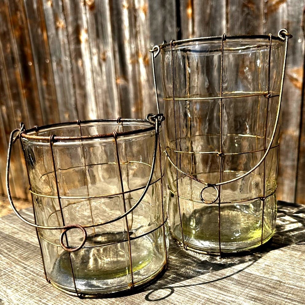Puffy Glass Brass Wire Caged Outdoor Hanging 8.25" and 5.5" Candle Holders/Vases - Thumbnail 3