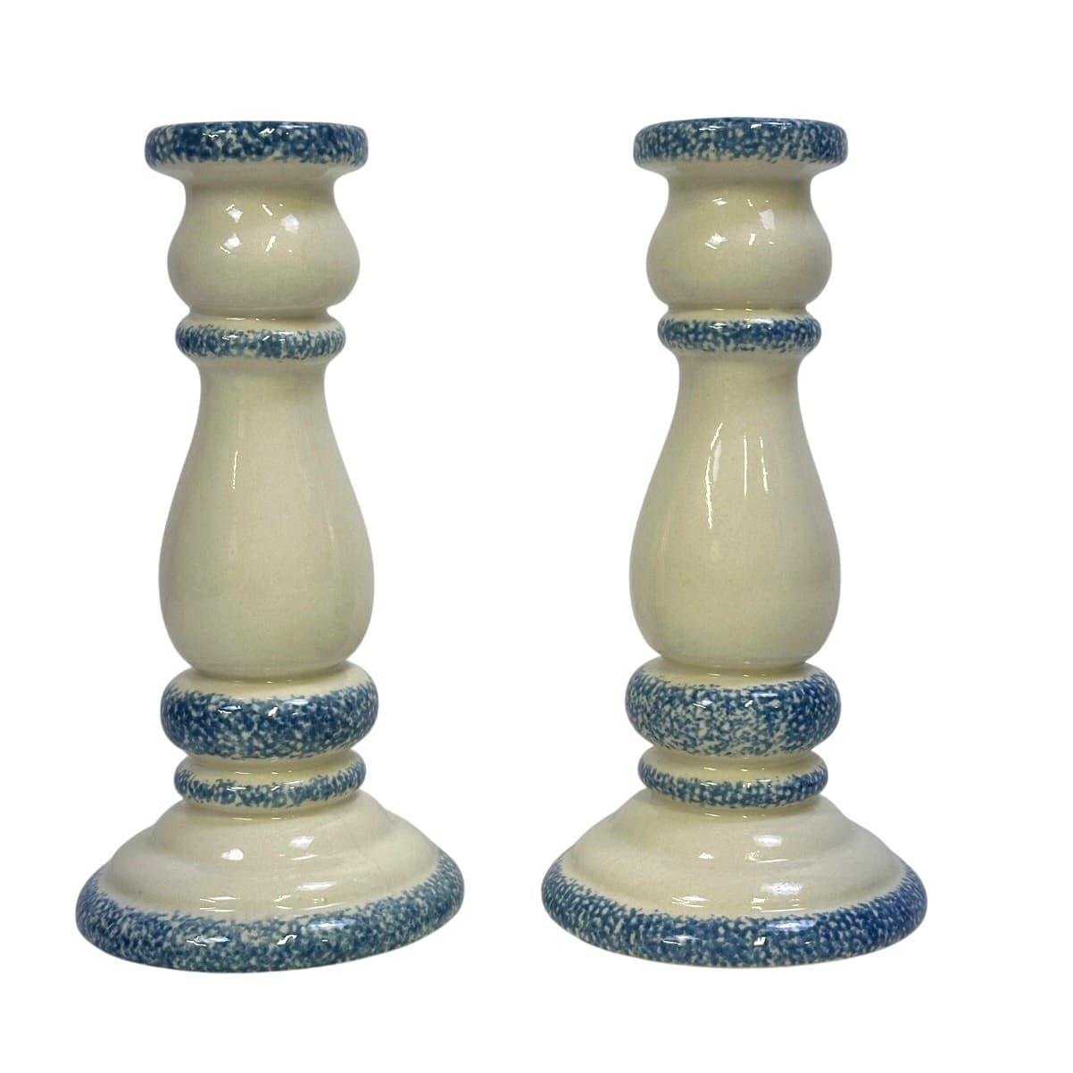 Wang's International Vintage Ceramic Spongeware Candleholders-Set of 2