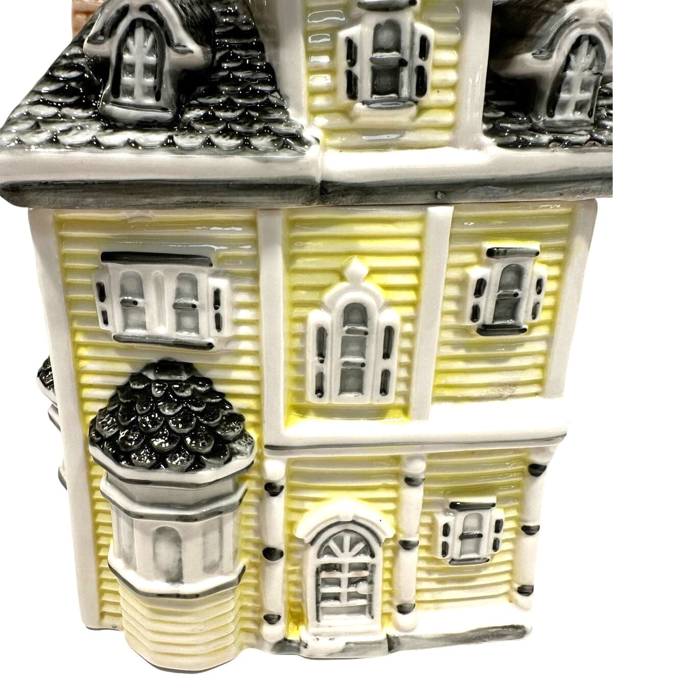 Quaint Collectible Ceramic Glazed Yellow Victorian House Cookie Jar Canister - Thumbnail 2