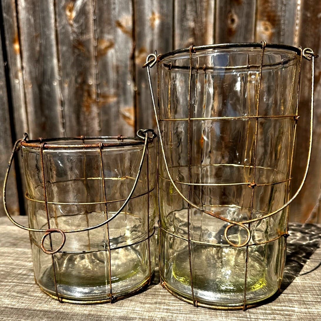 Puffy Glass Brass Wire Caged Outdoor Hanging 8.25" and 5.5" Candle Holders/Vases - Thumbnail 7
