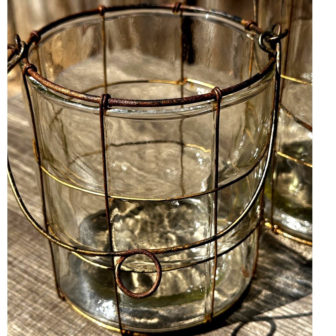 Puffy Glass Brass Wire Caged Outdoor Hanging 8.25" and 5.5" Candle Holders/Vases - Thumbnail 2
