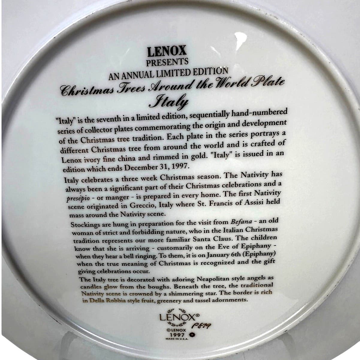 LENOX Christmas Trees Around the World 10.75" Plate ITALY 1997-Original Box Rare - Thumbnail 9