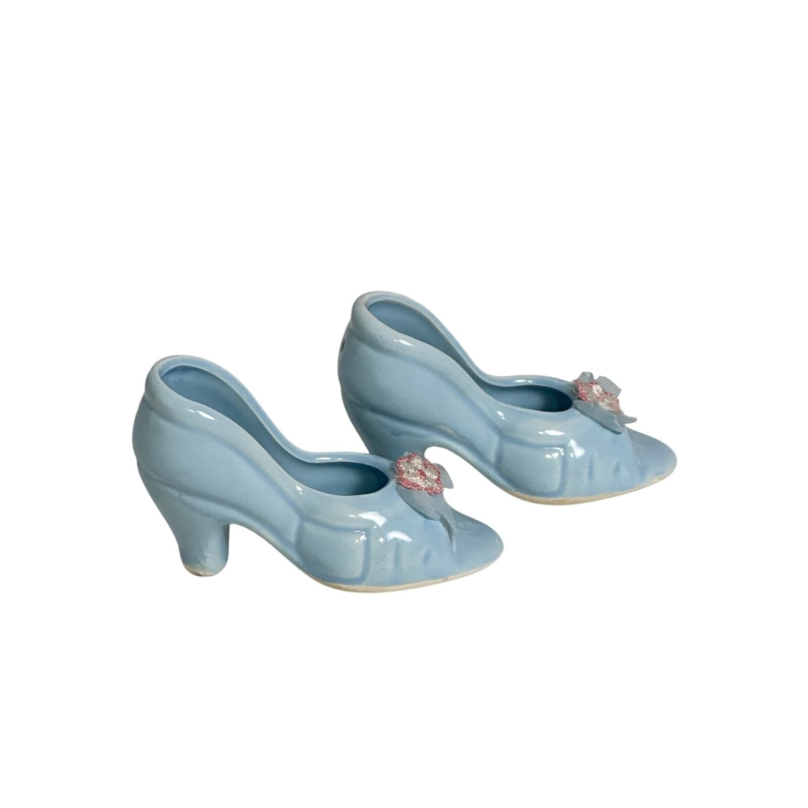 Pair Vintage Baby Blue Ceramic Open Toe High Heel Miniature Shoes - Thumbnail 4