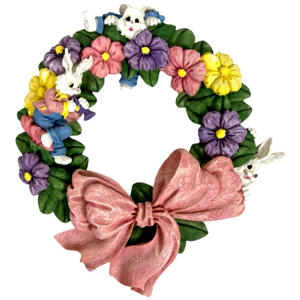 This York Resin Easter Wreath with Bunny Rabbits Vintage 1995 in Original Box!