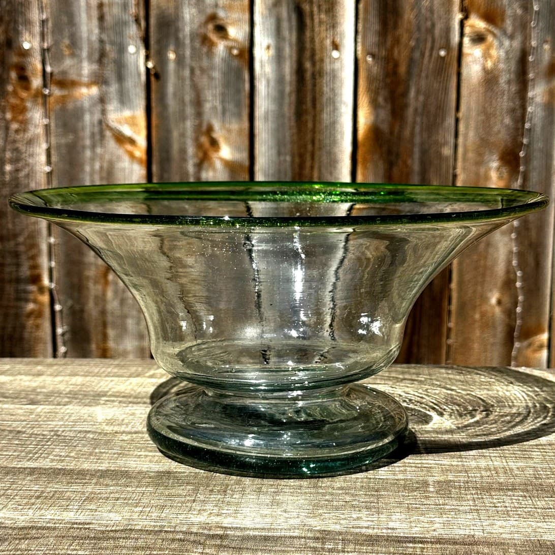 Mid-Century Vintage Hand Blown Seeded Green Rim 11" Presentation Bowl-Stunning